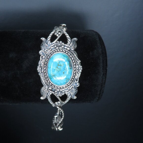 Sterling Silver Ornate Adjustable Turquoise Bracelet - Picture 2 of 11